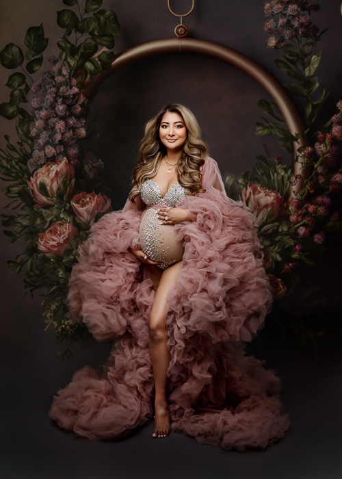 Studio Maternity Photo wearing a pink tulle dress in a floral background. Digital Backdrop. Digital Art